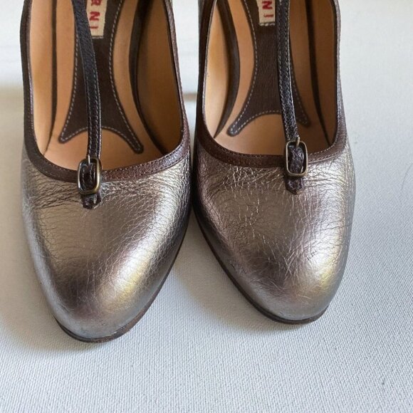 Marni Metallic Gold Mary Jane T Strap Almond Toe  Heels 36.5 - Picture 3 of 8